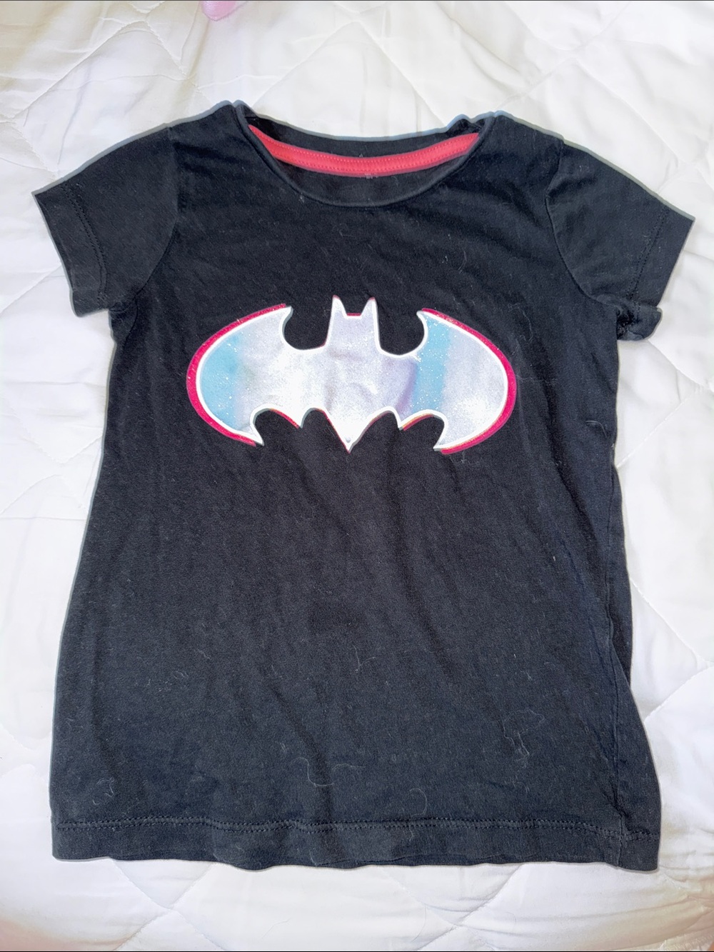 7/8 girls glitter Batman black glitter, rainbow, short sleeve T-shirt